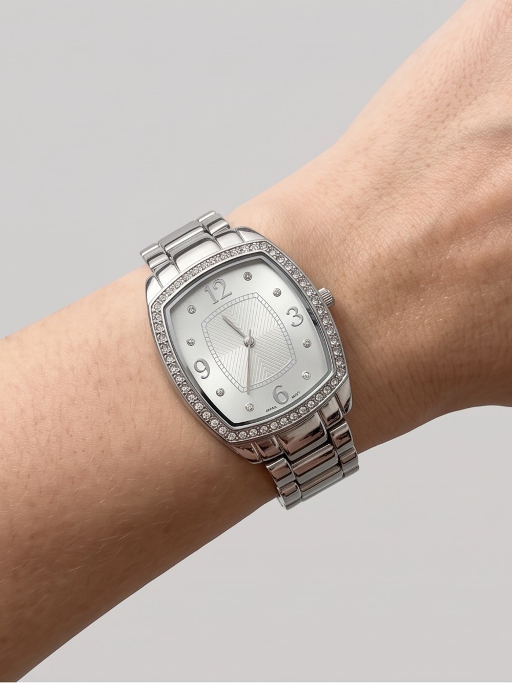 Silver-Tone Crystal Bezel Tonneau Watch NEW Battery